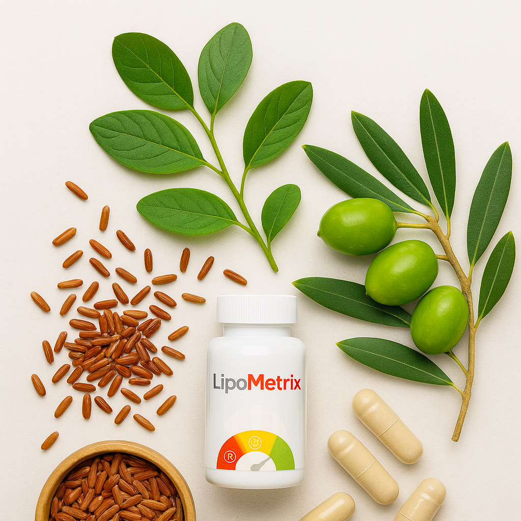 Ingredienti LipoMetrix: riso rosso, gymnema e olivo accanto alle capsule