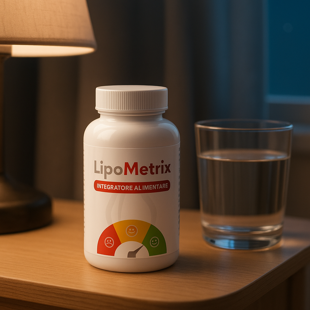 Confezione di LipoMetrix su un comodino con bicchiere d’acqua – integratore notturno per il benessere metabolico